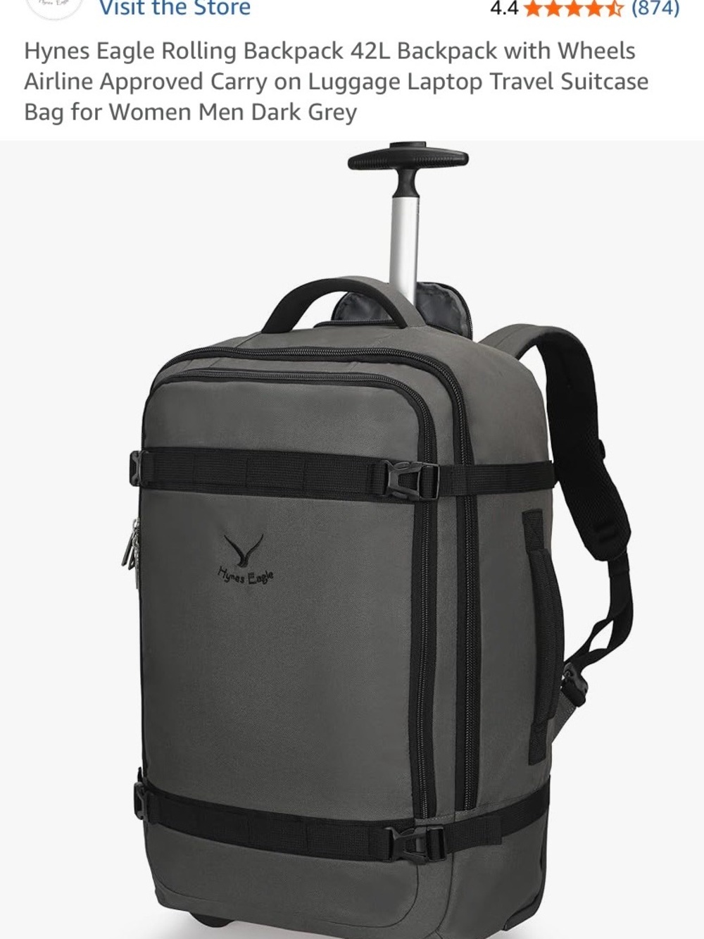 Dark Gray Rolling Travel Backpack with Wheels
